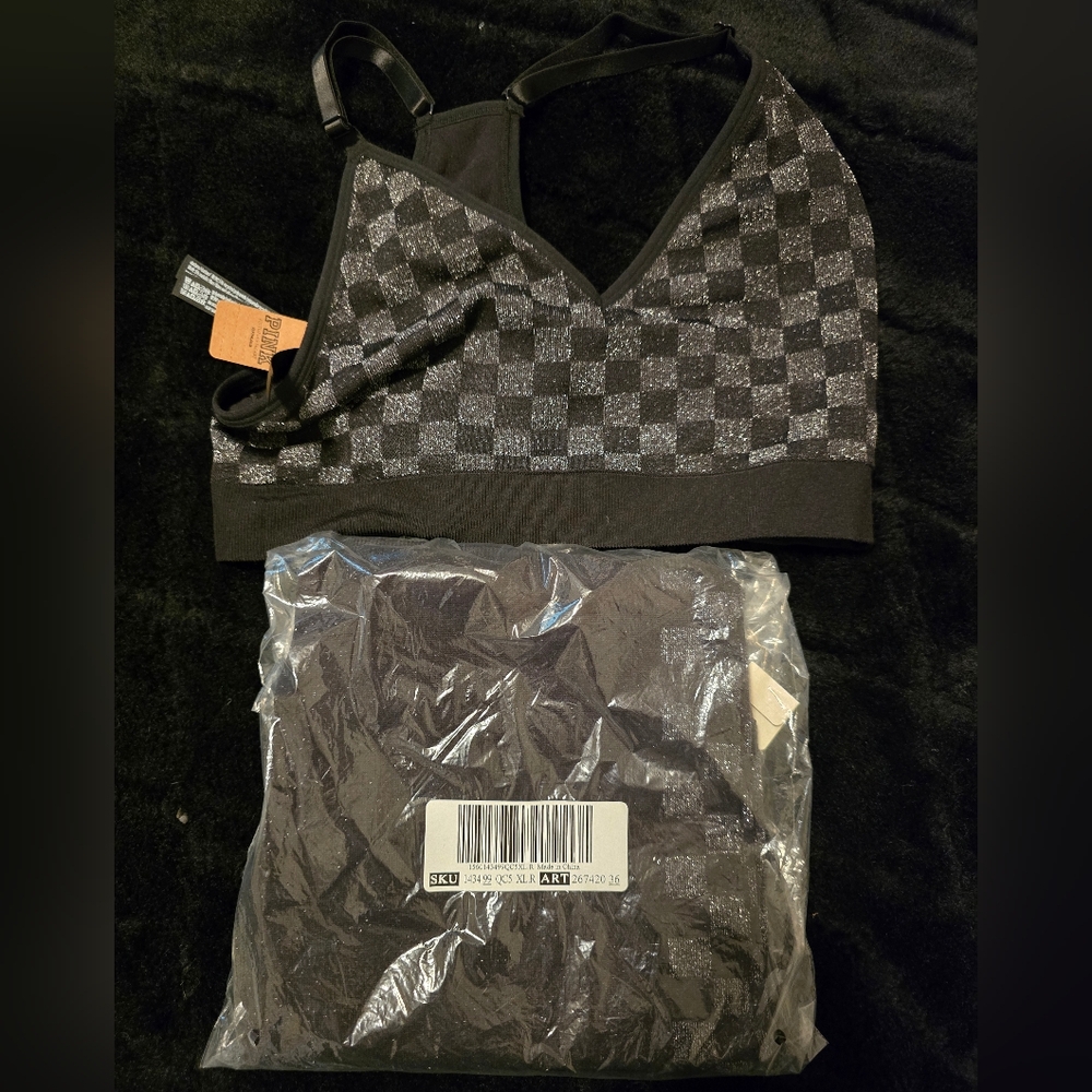 VS PINK SEAMLESS SPARKLE CHECKERED LEGGING AND BRA SET XL - Picture 7 of 8
